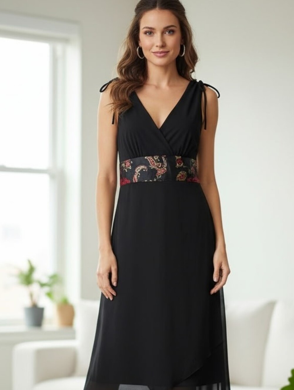 Ruby Rox black and red Paisley tie-waist sleeveless V-neck midi cocktail dress